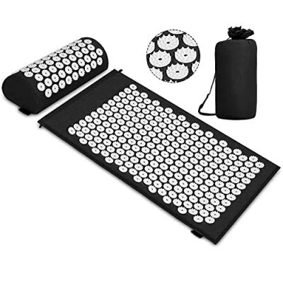 Image of Angelkiss Acupressure Set Mat with Cushion for Soothing Relaxation and Massage, Relief from Back Pain, Head Neck Stress Sleep Disorders at Home, in the Office, Black White