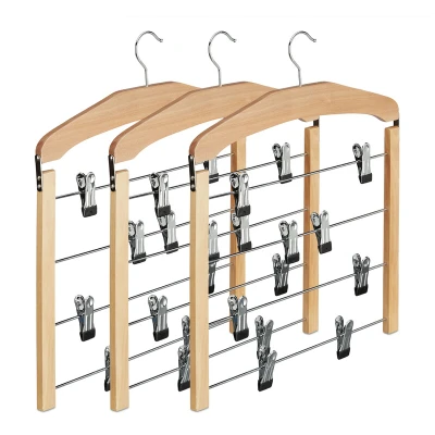 Image of Relaxdays Multiple Trouser Hanger, Wooden Coat Hanger with Rail, Non Slip Bars, HWD 45.5 x 39 2.5, Pack of 3