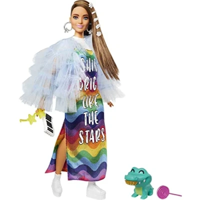 Image of Barbie Extra Doll #9 in Blue Ruffled Jacket with Pet Crocodile, Long Brunette Hair, Bling Hair Clips, Gift for Kids 3Y+, GYJ78