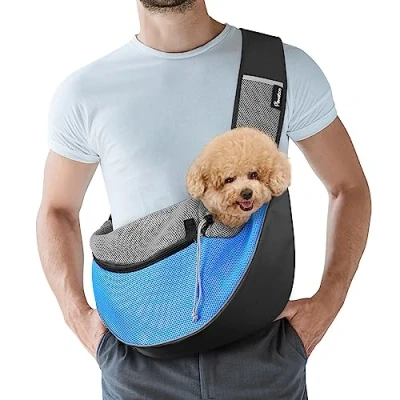 Image of Pawaboo Pet Dog Sling Carrier, Hand Free Drawstring Papoose with Adjustable Strap, Breathable Mesh Bag for Puppy Cat, Crossbody Satchel Purse Pocket Outdoor Travel, Light Blue, Medium