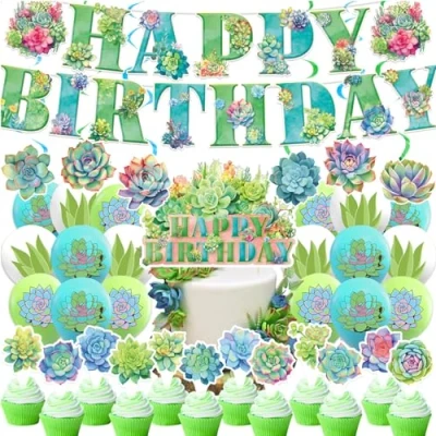 Image of Succulent Plants Party Decorations Supplies Set Birthday Banner Cake Topper Cupcake Toppers Balloons Spirals for Baby Bridal Shower Decor