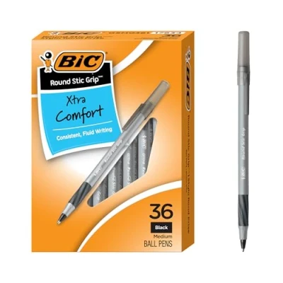 Image of BIC Round Stic Grip Xtra Comfort Black Ballpoint Pens, Medium Point (1.2mm), 36 Count Pack, Perfect Writing Pens With Soft for Superb and Control