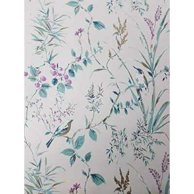 Image of Floral Birds Wallpaper Teal Plum Gold Metallic Flower Shimmer Fine Decor Mariko from YöL