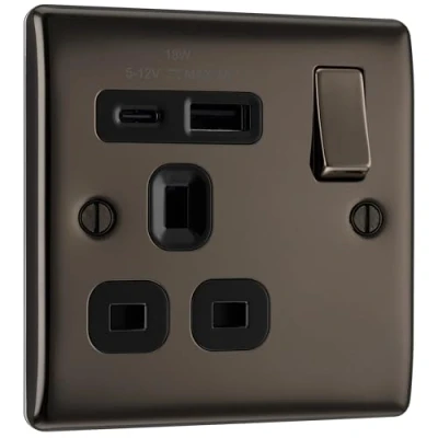 Image of BG Electrical Single Switched Power Plug Wall Socket with Type A USB and C Charging Ports, Fast Charge, Raised Slim Profile, Round Edges, Nexus Metal, Black Nickel, 13A, 18W, NBN21UAC18B