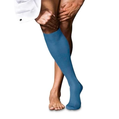 Image of FALKE Men&#039;s No. 10 M KH Cotton Long Plain 1 Pair Knee High Socks, Blue (Nautical 6531), 8.5 9.5