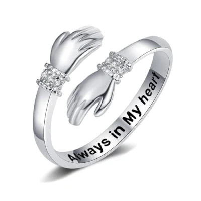 Image of Yifnny Hug Ring, Engraved Words Hugging Hands Open Ring Adjustable Couple Women Mens Rings Friendship Mothers Day Jewelry Gifts (Always in my heart)