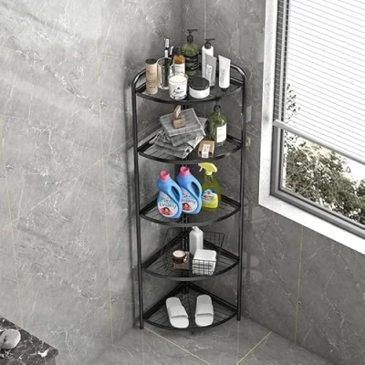 Image of FEFE Corner Storage Shelf Aluminum Plant Pot Stand Shelving, Bookshelf Shelving Display Unit For Bedroom Living Room Home Black (5 Tier)