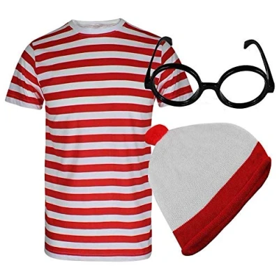 Image of Style Wise Fashion Womens Mens Red and White T Shirt Hat Glasses Set Unisex Stripe Tshirts Book Week Fancy Dress Costume