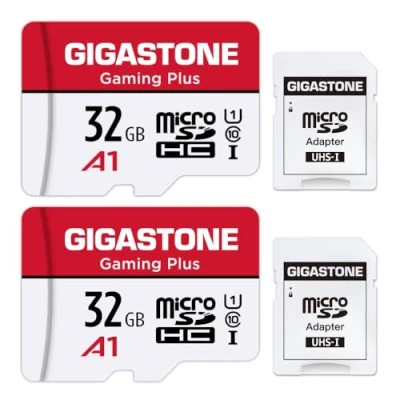 Image of Gigastone Micro SD Card 32GB 2 Pack with 2x Adapter + Mini case, Gaming Plus, High Speed 90MB/s, Full HD Video Recording, SDHC UHS I A1 Class 10