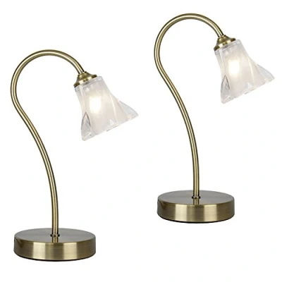 Image of Pair of Modern Antique Brass &amp; Decorative Glass Swan Neck Touch Bedside Table Lamps