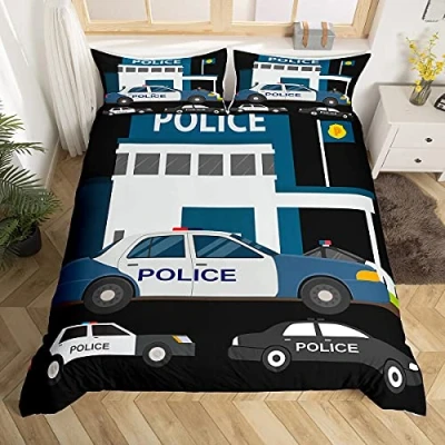 Image of Kids Police Car Bedding Set Single Size Boys Cartoon Duvet Cover Emergency Responder Vehicles Comforter For Girls Blue Grey Bedspreads With 1 Pillow Case Bedroom Decor