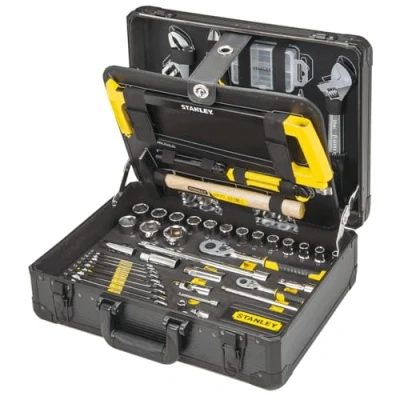 Image of STANLEY 142 Piece Maintenance Case Pliers and Cutters, Adjustable Wrench, Level, Measurement, Screwdriver, Hacksaw, Cutter, Hammer, Tools for Tightening Screwing STMT98109 1
