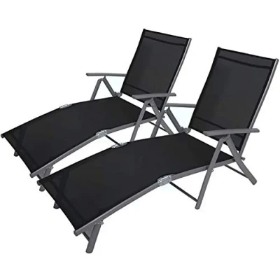 Image of Garden mile® Twin Pack of 7 Position Foldaway Sunlounger Aluminium Frame Summer Furniture Reclining Decking Chair sun Lounger Powder Coat Finish with Black Sling
