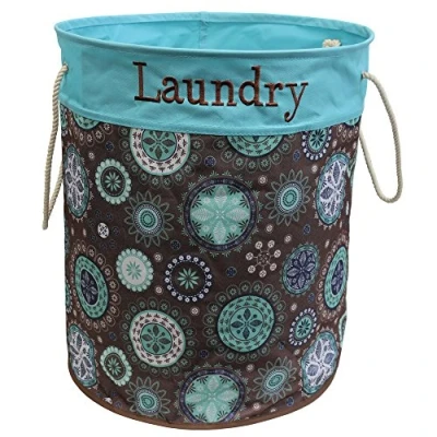 Image of JVL Pop Up Round Fabric Laundry Washing Bag with Rope Handles, Brown