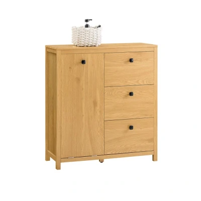 Image of SoBuy Laundry Cabinet Bathroom Storage with Basket and 3 Drawers White W80 x D35 H90cm BZR97 W