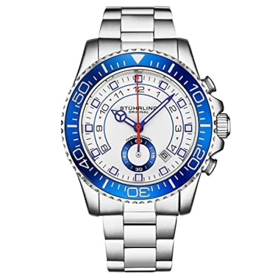 Image of Stührling Original Men&#039;s Dive Watch with Stainless Steel Bracelet Quickset Date Screw Down Crown Japanese Quartz Movement Water Resistant up to 10 ATM, Blue