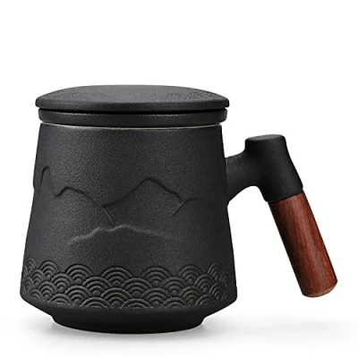 Image of NCQIXIAO Tea Cup with Infuser and Lid, Gradual Mountain Spray Mug Cups Infuser, Wood Handle Ceramic Coffee Lid 430ml/14.50 OZ (Black)