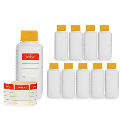 Image of Octopus 10 x 100 ml plastic bottles, HDPE bottles with yellow screw caps, empty square incl. labels