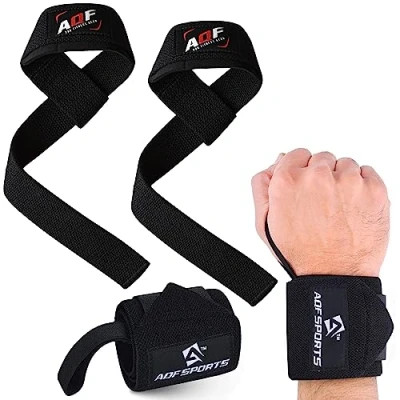 Image of AQF Wrist Support Kit 18 Wraps and Padded Lifting Straps for Deadlifts, Weight lifting, Powerlifting, CrossFit, Fitness Workout, Strength Training Men &amp; Women(1 Pair Each)(Full Black)