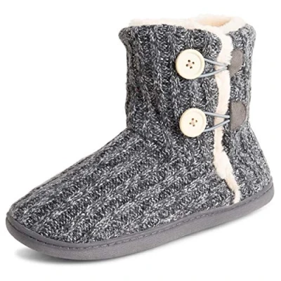 Image of Polar Womens Memory Foam Knitted Button Faux Fur Outdoor Rubber Sole Plush Winter Comfort Slippers Grey UK7/EU40 YC0717