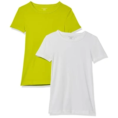 Image of Amazon Essentials Women&#039;s Slim Fit Short Sleeve Crewneck T Shirt, Pack of 2, White/Lime Green, XXL