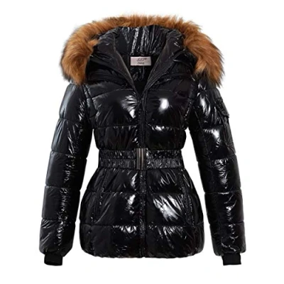 Image of SS7 Womens Wet Look Puffer Coat with Faux Fur Black