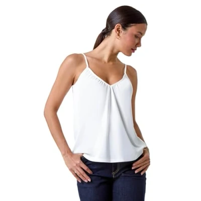 Image of Roman Originals Gathered V Neck Stretch Vest Top for Women UK Ladies Everyday Holiday Spring Summer Neckline Comfy Soft Evening Vacation Work Party Ivory Size 18