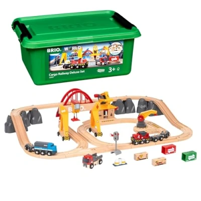 Image of BRIO World Deluxe Cargo Wooden Railway Train Set for Children Age 3 Years Up Kids