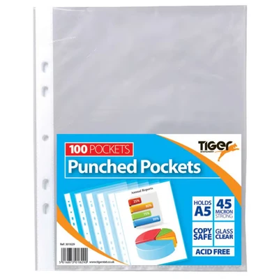 Image of Tiger A5 clear punched poly pockets pack of 100 quality sleeves