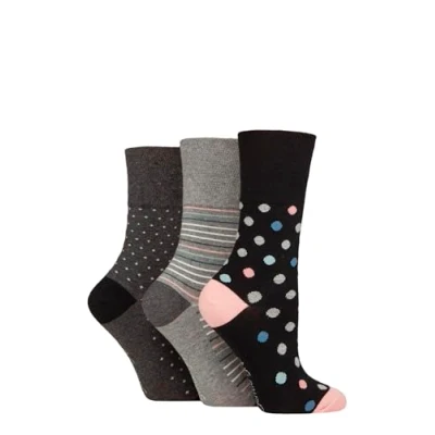 Image of Women&#039;s 3 Pair Gentle Grip Cotton Patterned and Striped Socks Graphic Grey Melange / Black 4 8