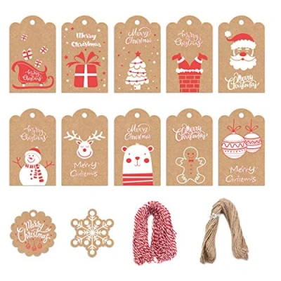 Image of LOKIPA Christmas Label Gift Tags,100 Kraft Paper Name Tag with 200 feet String