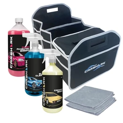 Image of CARSHARK Car Cleaning Kit, Cockpit Shine 1l, Glass Cleaner Cherry Shampoo 2 x Microfibre Cloths, Boot Organiser Storage Box, in 1