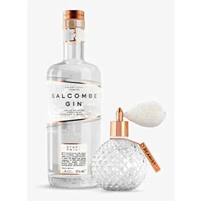 Image of Salcombe Gin Gift Set &#039;Seamist and Start Point&#039; Liquid Garnish in White Box 50cl + 10cl Glass Spray Bottle Copper Tag Made Devon