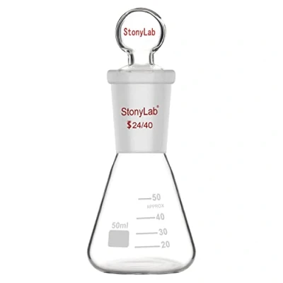 Image of stonylab Glass 24/40 Erlenmeyer Flask with Stopper, 50 ml Borosilicate Heavy Wall Standard Taper Outer Joint and Stopper