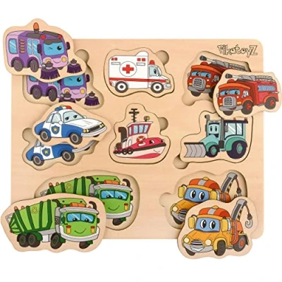 Image of Pikatoyz Wooden Toys 1 2 3 year old boys and girls. Ideal Montessori Gift for Kids. Learning consisting of auxiliary vehicles Jigsaw Puzzles. Educational babies children…