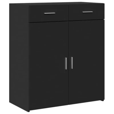 Image of vidaXL Black Sideboard Cabinet Engineered Wood 80x42.5x93 cm 2 Drawers, Ample Storage, Easy Clean, Modern Design Living Room/Office