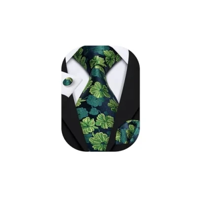 Image of Barry.Wang Green Flower Ties Silk Necktie Handkerchief Cufflinks Wedding