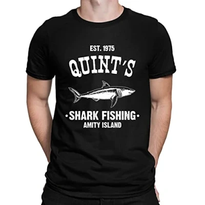 Image of Mens Quints Fishing Shark Jaws Inspired Amity Cult Movie T Shirt Black (XXL)