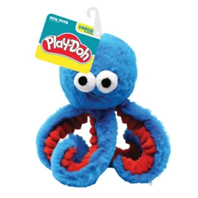 Image of Hasbro Play Doh Octopus Dog Toy, 6.5 Inch Plush Squeaker and Crinkle Blue/Red