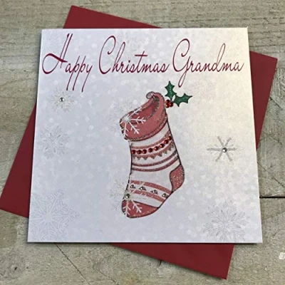 Image of White Cotton Cards Happy Grandma Handmade Christmas Card (Pink Stocking)