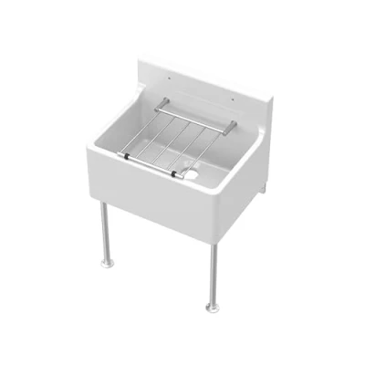 Image of Single Bowl Fireclay Cleaner Sink with Grill &amp; Legs, 515mm x 382mm 393mm White/Chrome Balterley