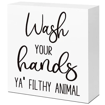 Image of Funny Bathroom Wood Block Signs,Wash Your Hands YA&#039; Filthy Animal Wooden Box Sign for Shelf Toilet Restroom Home Tabletop Desk Decor,Rustic Decor 5x5 Inch