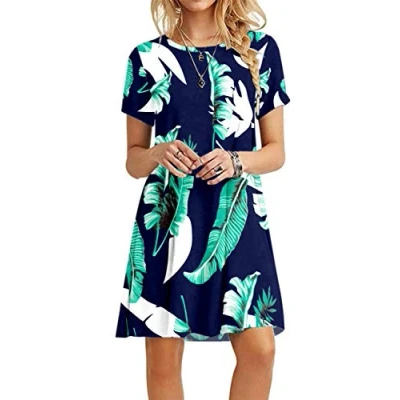 Image of MOLERANI Summer Dresses for Women UK Casual T Shirt Dress Short Sleeve Ladies Beach (M Size, Print Blue)
