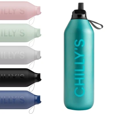 Image of Chilly&#039;s Series 2 Flip Water Bottle with Sports Lid, Telescopic Straw and Nylon Carry Loop Easy Cleaning Brush Included 1000ml Atlantis