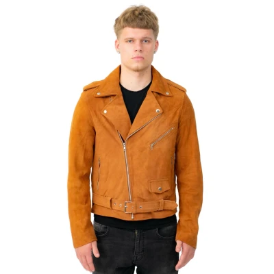 Image of Infinity Leather Mens Goat Suede Brando Biker Jacket Melbourne Tan Size Small