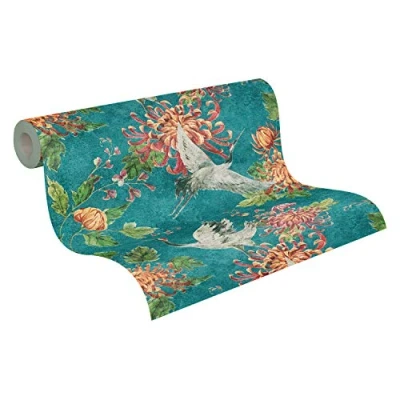 Image of Wallpaper with Birds Asian Fusion A.S. Création Non Woven 10.05 m x 0.53 Blue Orange Green Made in Germany 374641 37464 1