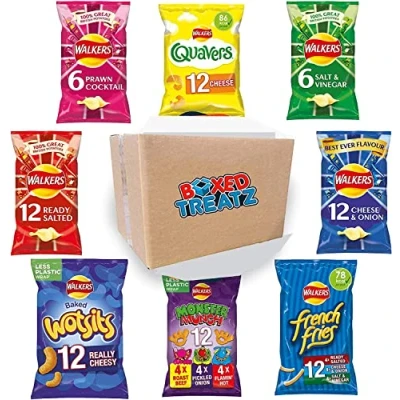 Image of Walkers Crisps Salt Vinegar Cheese Onion Prawn Cocktail Monster Munch French Fries Snacks Mixed 84 Bags Boxed Treatz