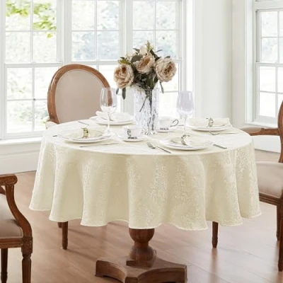 Image of Elrene Damask Tablecloth, Polyester, Ivory, 70 Inches Round