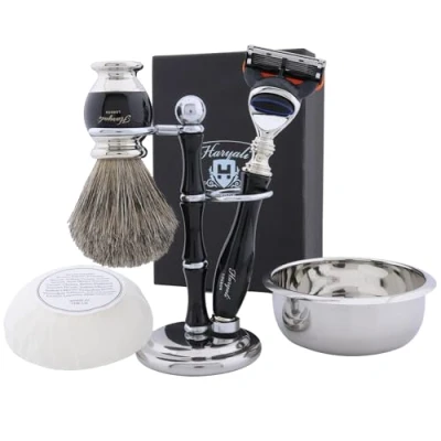 Image of Haryali London Shaving Kit 5 Pc edge Razor Super Badger Brush Stand Soap Bowl Black Color Set