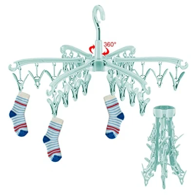 Image of GmeDhc Sock Dryer, 24 Peg Hanger for Washing Line, Hanging Rotable Drying Racks, Folding Hangers with Clips Underwear Socks Lingerie Baby Clothes (green)